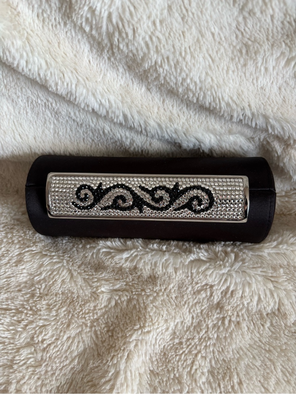 Black Crystal Accent Pill Box Style Evening Clutch